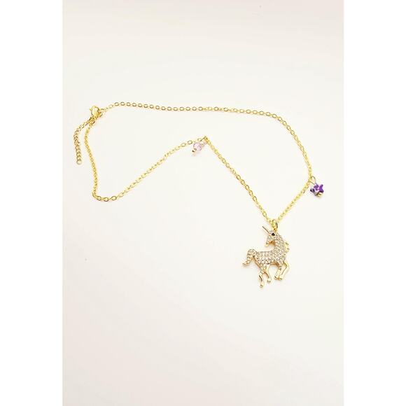 CZ Unicorn Necklace Pendant Purple Jasper Star Gold-Plated Adjustable Chain - Picture 3 of 6
